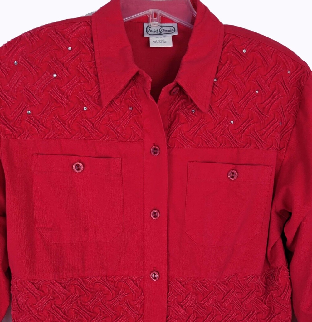 Vintage Saint Germain Paris Women's LG Red Denim Shirt Rhinestones